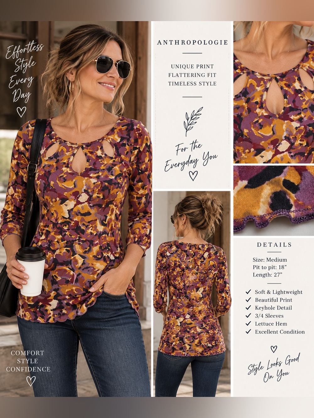 Anthropologie 9-H15 S’CL Floral Keyhole Tunic Top Purple Mustard Women’s M